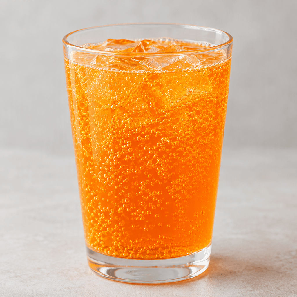 Bright orange, translucent fizzy drink fills a clear glass, with fine bubbles visible throughout.