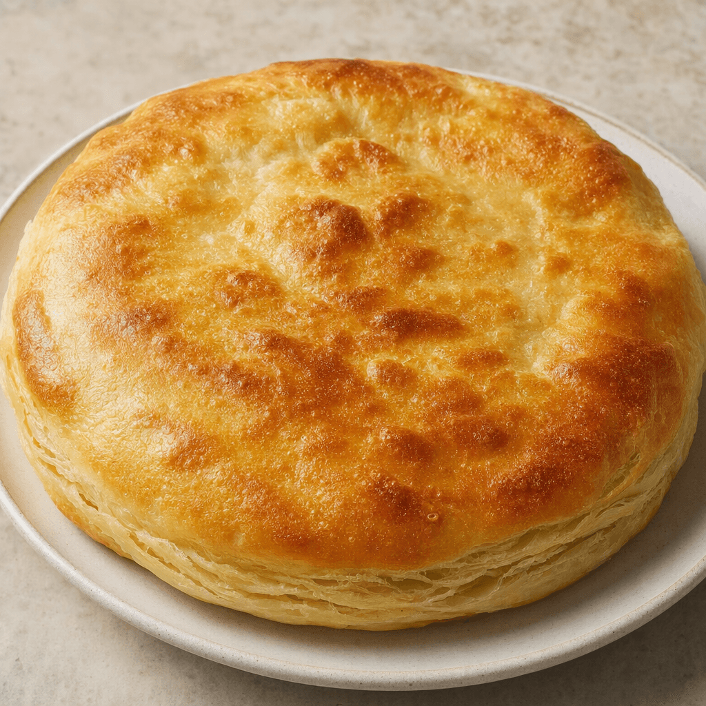 Tabakta bütün hâlde sunulan, yuvarlak ve yassı; yüzeyi yer yer kabarmış, altın kahverengi ve kenarlarında ince katmanları görünen bir çörek.