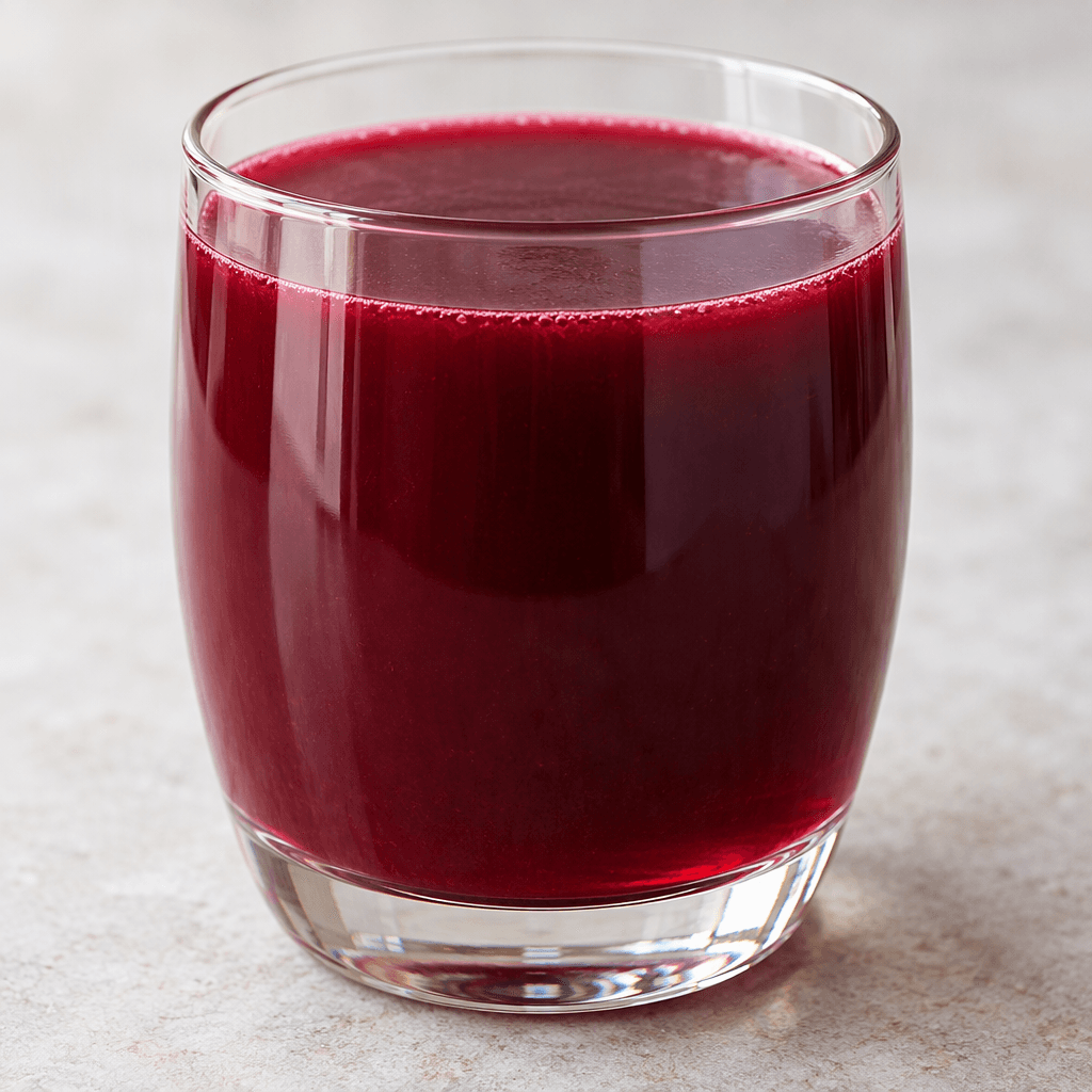 A glass holds opaque, deep purplish-red juice with a smooth surface and a faint ruby glow where the light passes through.