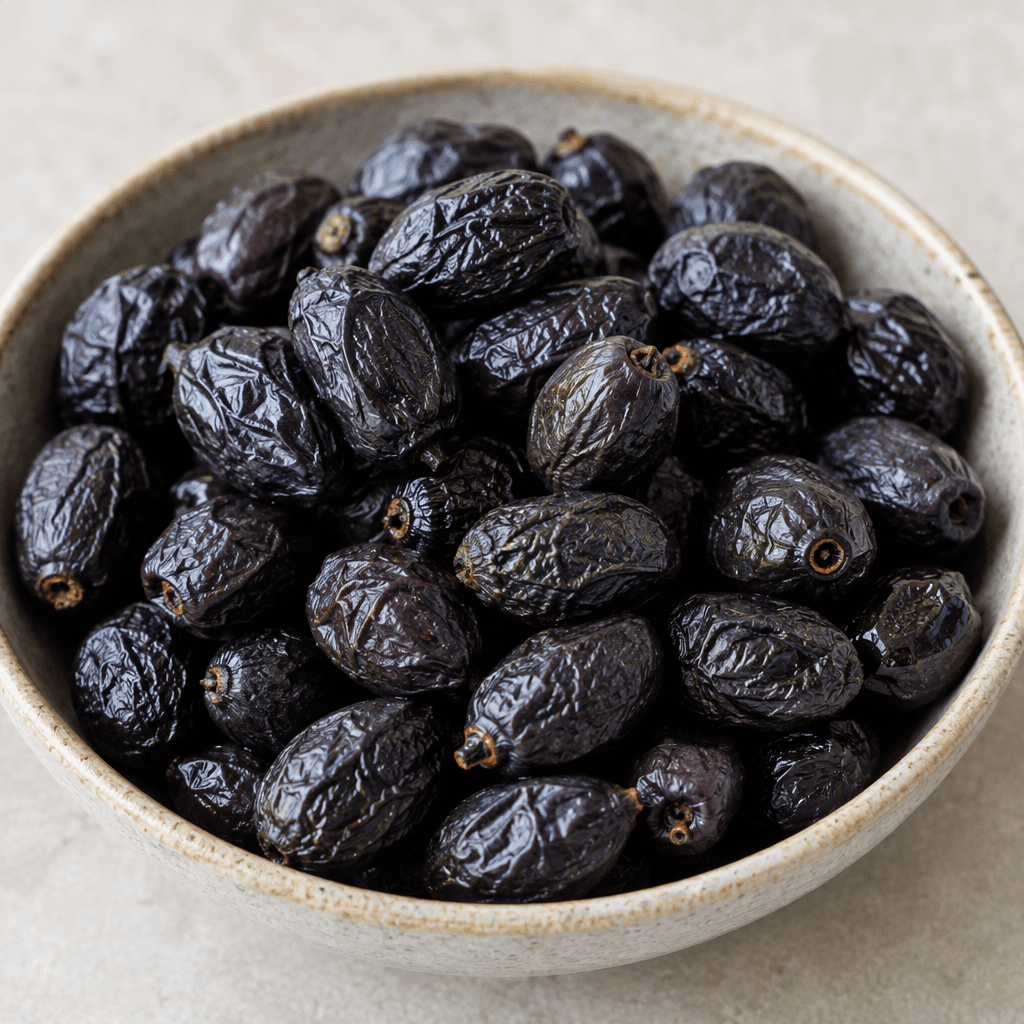 A pile of small, oval black sele olives with deeply wrinkled, matte dark purple-black skins, some showing tiny stem ends, served loosely in a shallow dish.