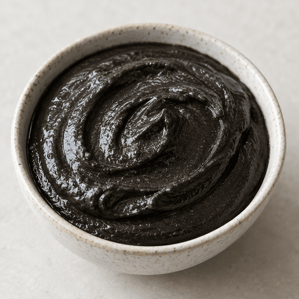 A thick, smooth sesame paste with a deep charcoal-black to dark brown colour, a glossy surface, and soft swirled ridges where it has been spooned into a small bowl.