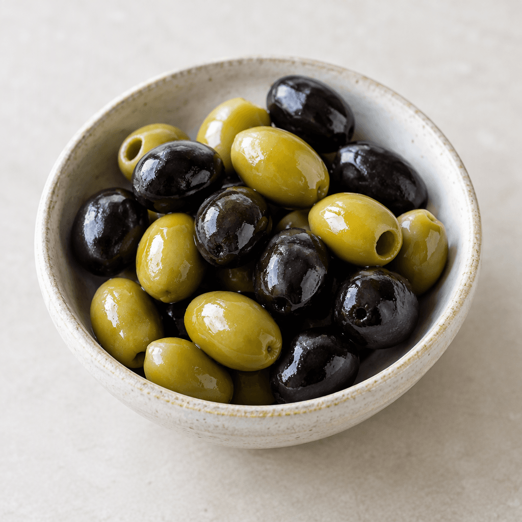 A small serving of whole black and green olives, oval-shaped with smooth, slightly glossy skins, arranged together in a shallow dish.