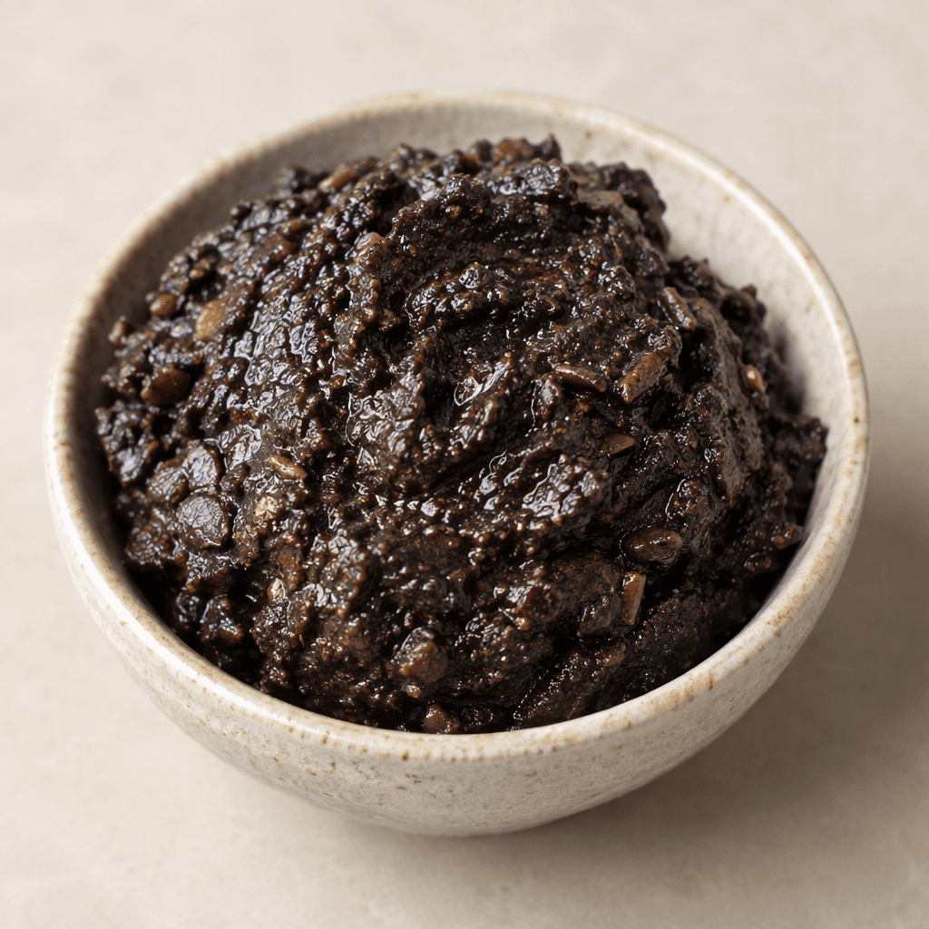 A glossy, nearly black olive paste with a thick, smooth yet slightly coarse texture, mounded in a small dish and showing tiny visible olive pieces.