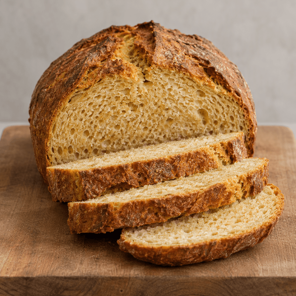 A rustic, compact loaf of einkorn wheat bread with a deep golden-brown, lightly cracked crust and a dense, moist-looking pale-gold crumb visible in several thick slices, served on a plain board.