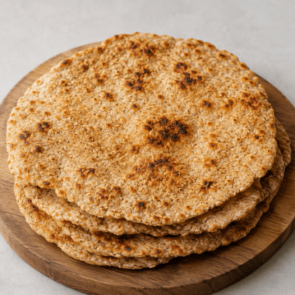 Rustic, thin round einkorn flatbreads with uneven edges, a warm golden-brown surface, scattered darker toasted spots, and a lightly coarse grain texture, stacked slightly overlapping on a simple serving board.