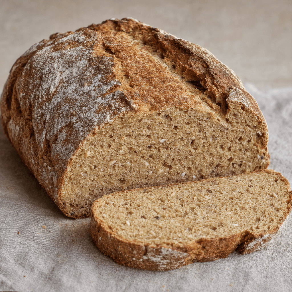 A rustic, roughly oval loaf of whole-grain bread with a deep brown, flour-dusted crust and a dense golden-brown crumb flecked with small grains, shown beside a thick slice.