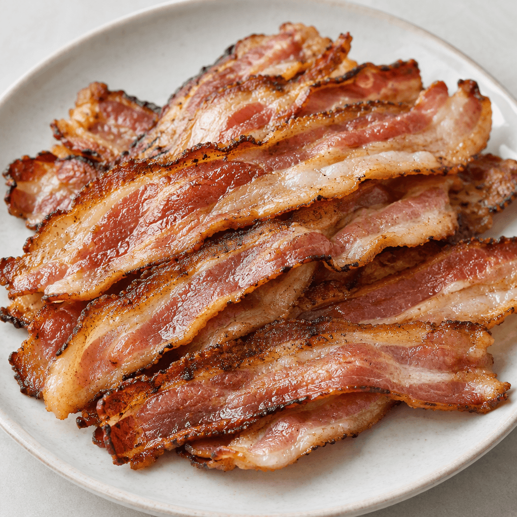 Several thin, overlapping strips of bacon lie on a plate, with alternating bands of rosy pink meat and creamy white fat, crisp dark-brown edges, and a lightly blistered surface.