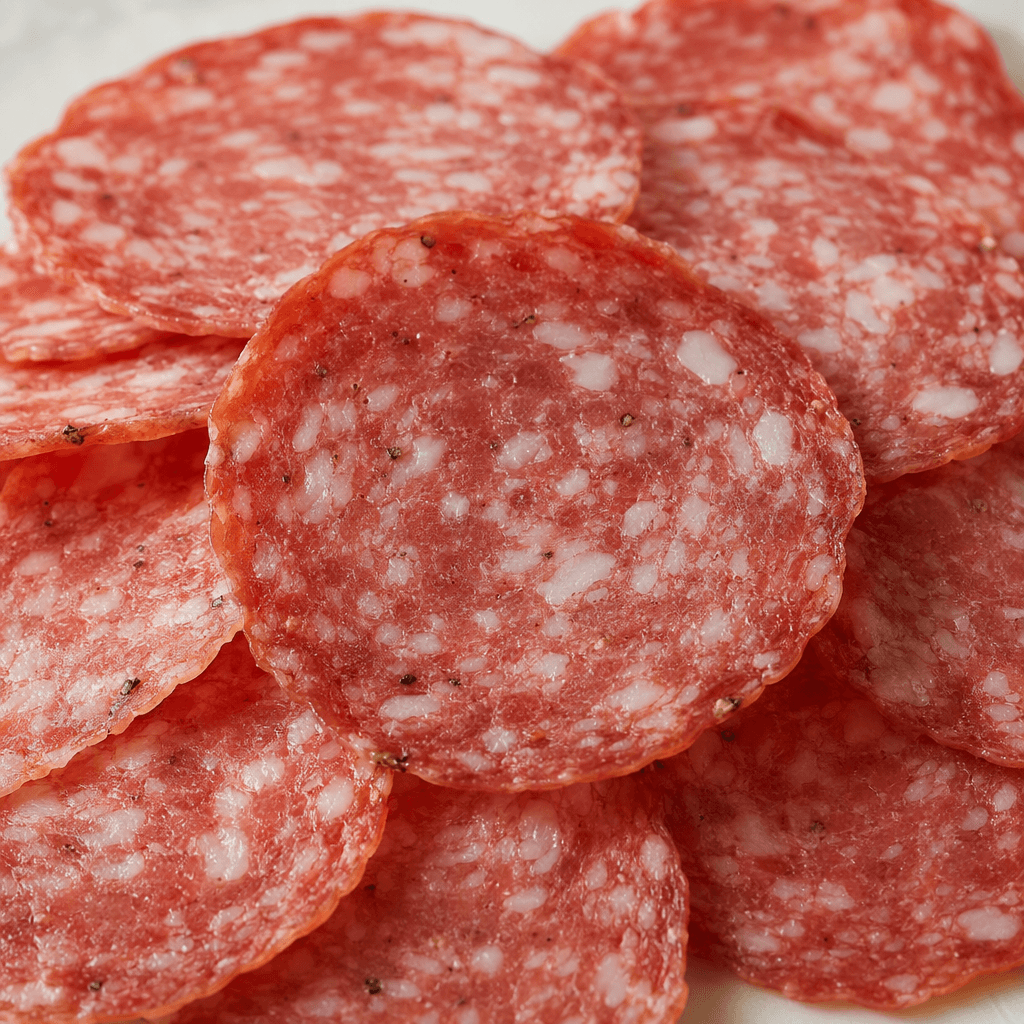 Thin, round slices of deep reddish-pink salami with small white flecks of fat and tiny dark seasoning specks, overlapping in a loose stack.