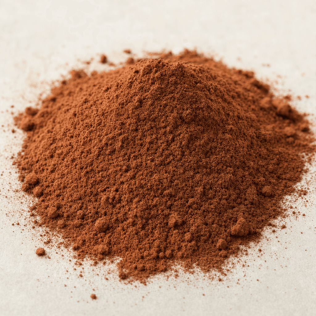 A fine, loose cocoa-brown powder sits in a small mound, with a soft, matte surface and a few scattered grains.