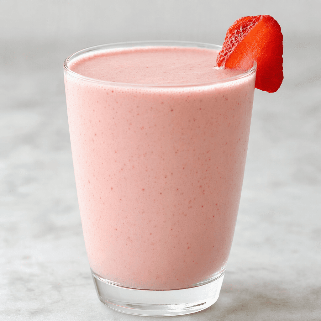 A smooth, pale pink strawberry-flavored drink with an even, lightly creamy appearance, served in a clear glass.