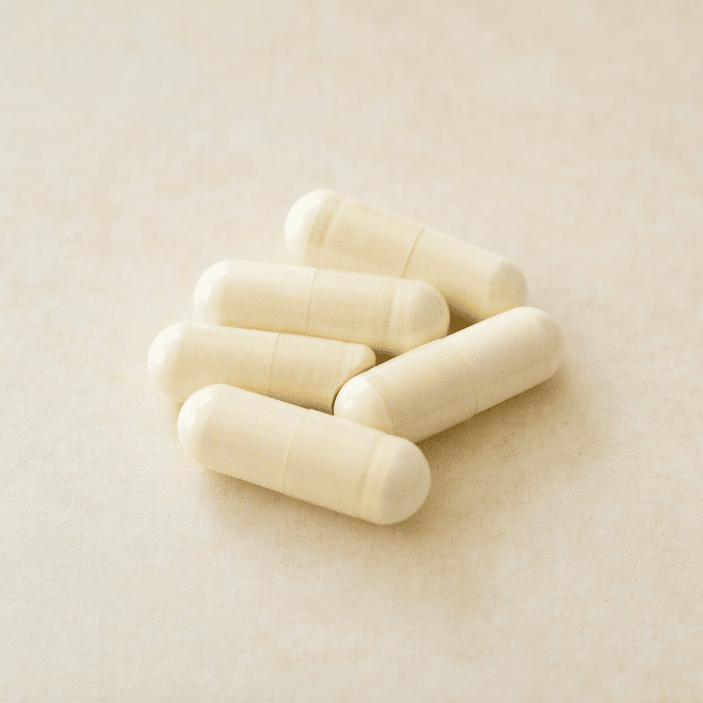 A few small, smooth, pale-colored capsules with rounded ends are arranged on a plain surface.