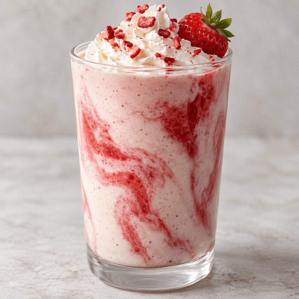 A thick, smooth shake sits in a clear glass, with a creamy base and softly blended streaks of contrasting color.