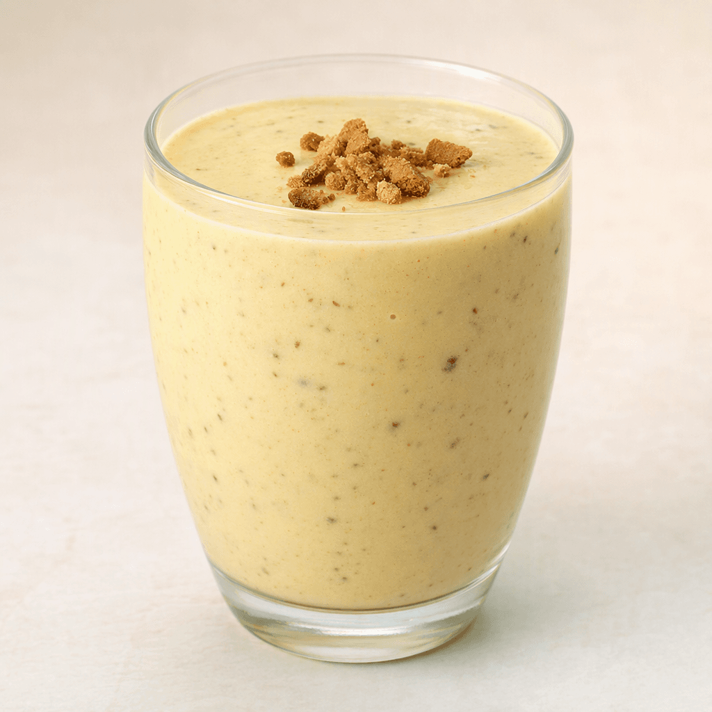 A thick, smooth, pale cream-yellow drink with fine brown cookie flecks, served in a clear glass.