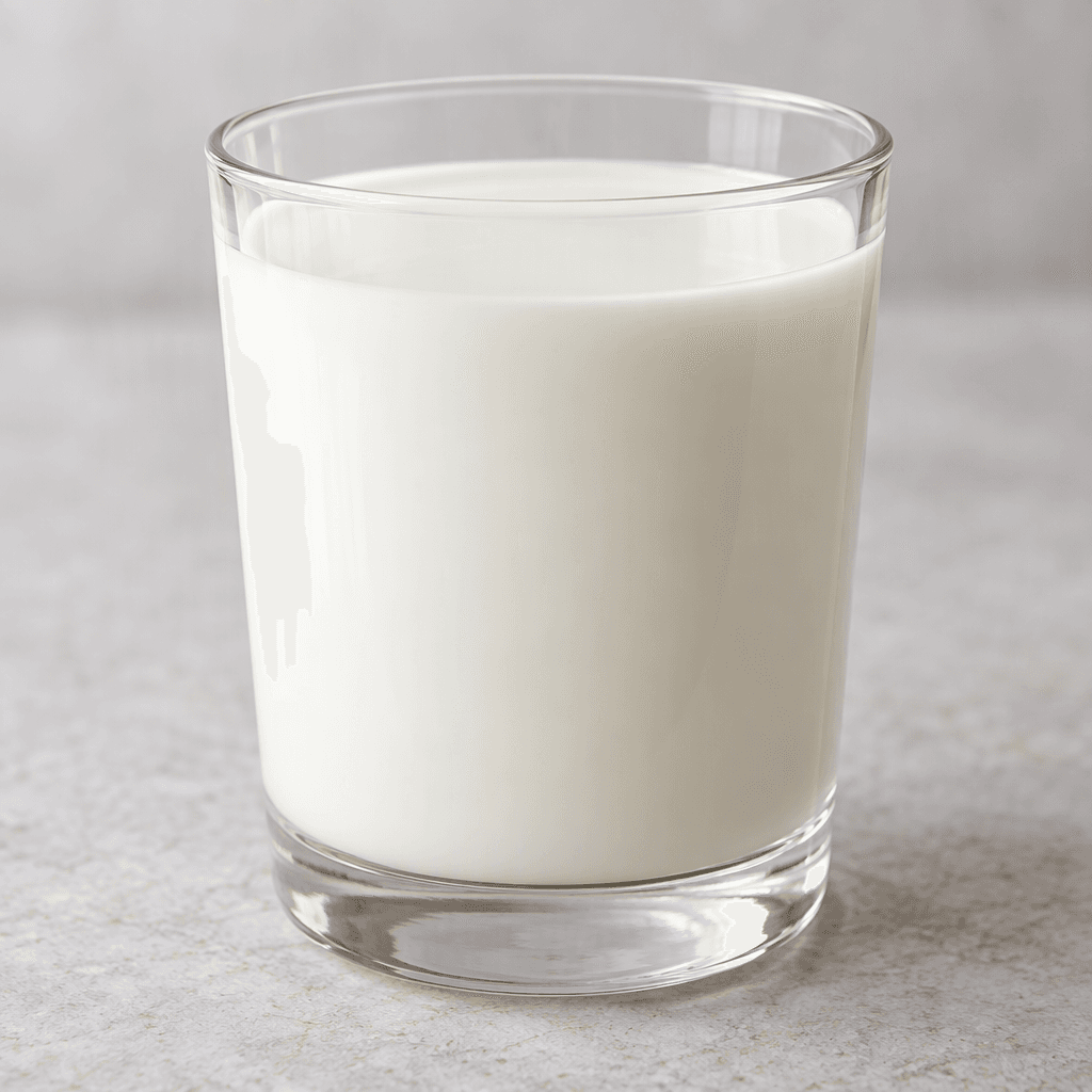 A smooth, opaque white milk drink fills a clear glass, with a level surface and no visible toppings.