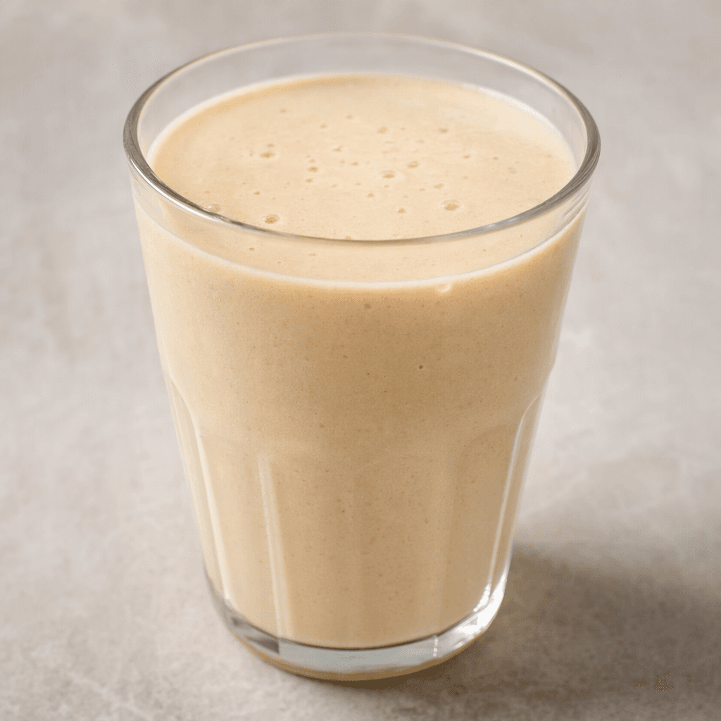 A smooth, creamy light-beige shake fills a clear glass, with a few tiny bubbles on its surface.