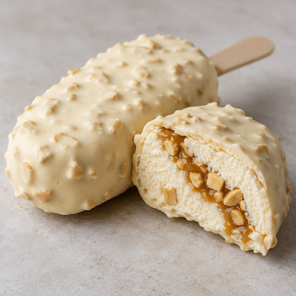 A white chocolate-coated ice cream bar, shown whole beside a cut piece that reveals pale vanilla ice cream with a ribbon of caramel and scattered peanut pieces.