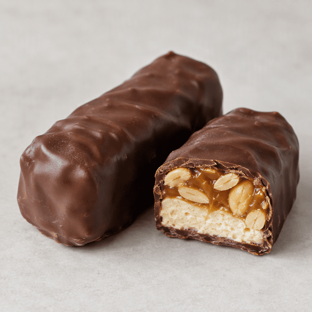 A chunky, oblong bar with a smooth dark-brown chocolate coating, shown whole beside a cut piece revealing pale nougat, golden caramel, and embedded peanut pieces.