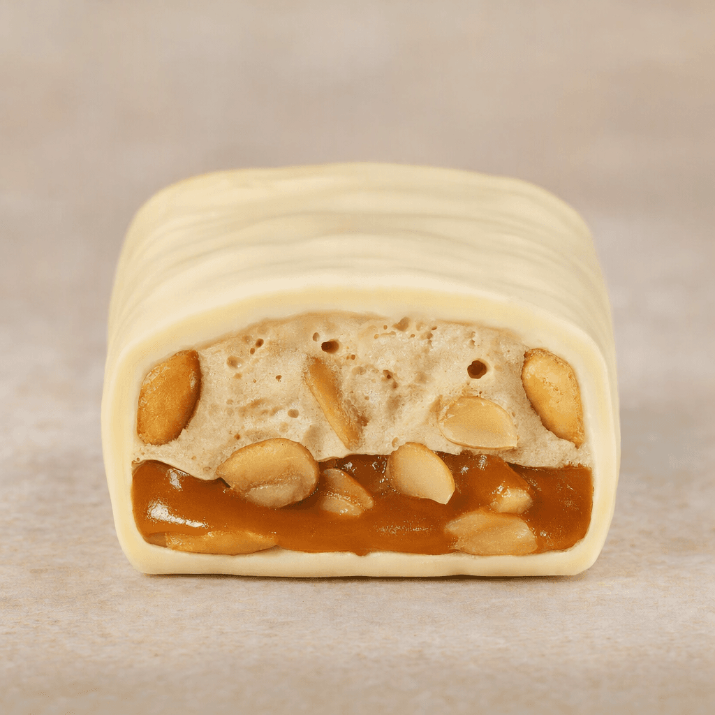 A compact, rounded rectangular bar with a smooth ivory-white coating, shown with one end cut open to reveal pale nougat, a glossy caramel layer and pieces of peanut.