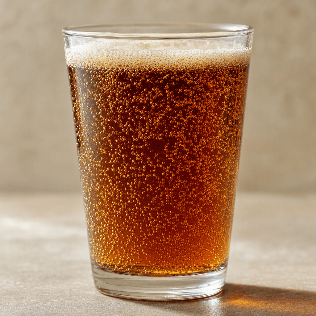 A clear glass filled with a fizzy, translucent amber-brown soda, with streams of tiny bubbles rising through the liquid and a thin layer of foam at the top.