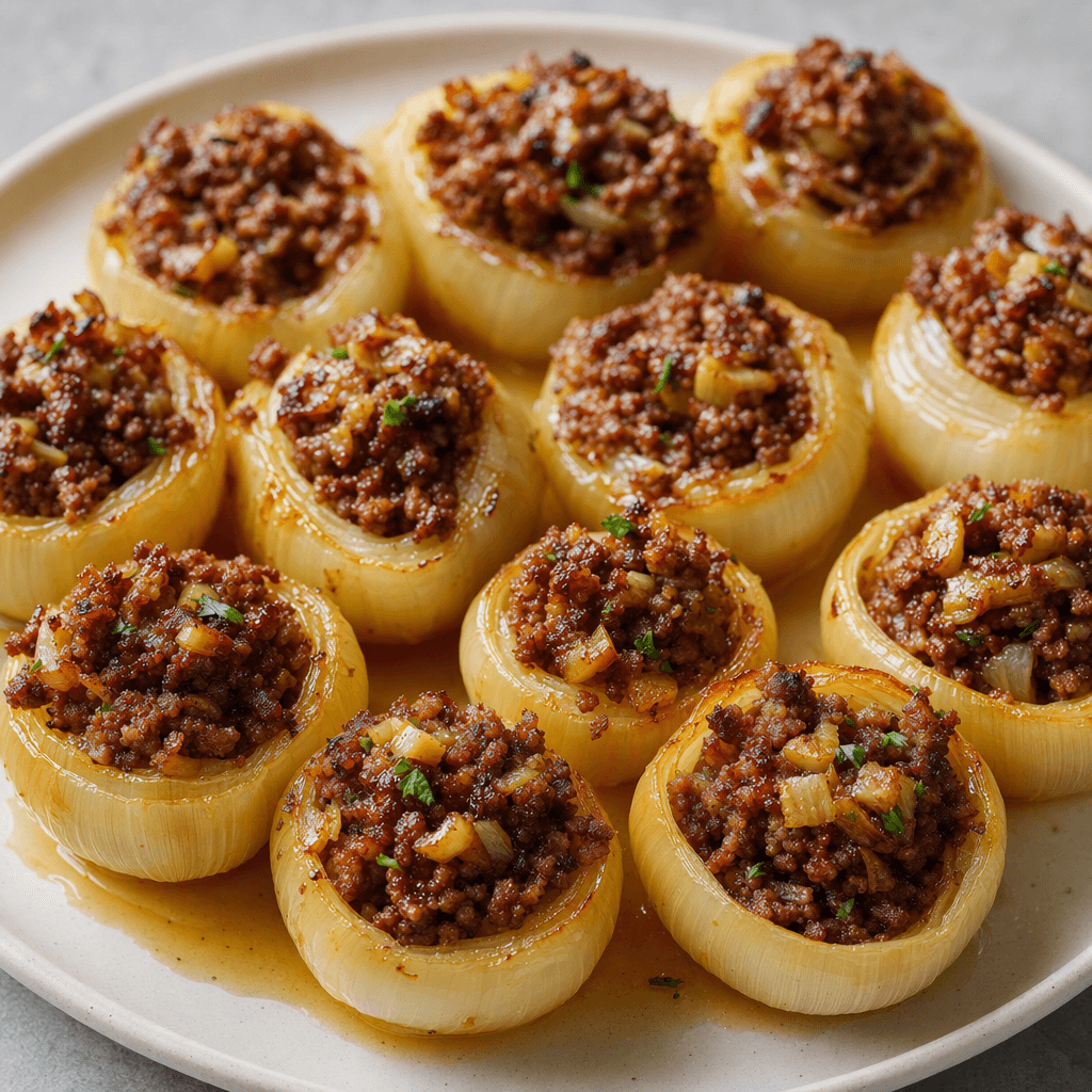 Soft, pale golden onion layers are opened into rounded shells and filled with visible browned minced meat, arranged closely on a plate.