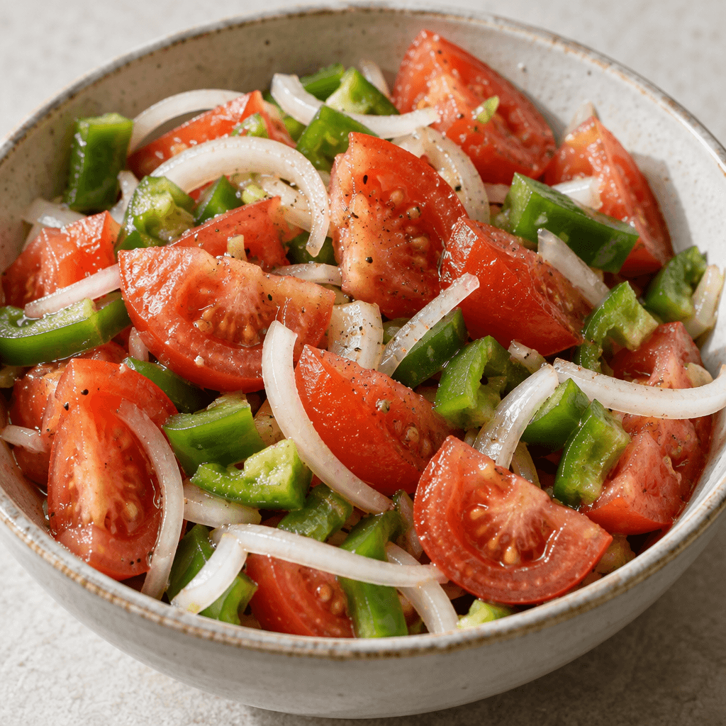 A simple salad of red tomato wedges, thin white onion slices, and chopped green pepper, loosely arranged together with their fresh, crisp textures visible.