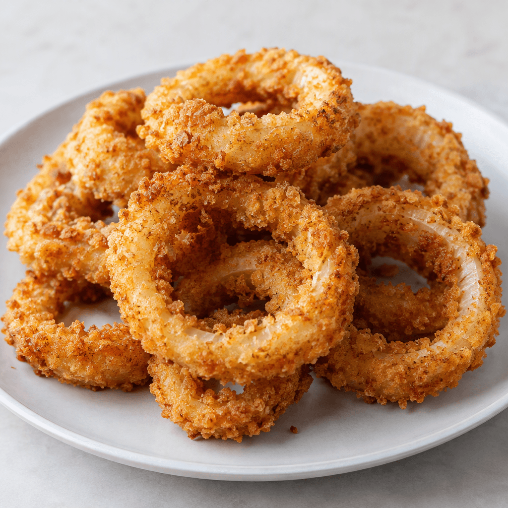 Several thick onion rings with a craggy, golden-brown crisp coating and pale, tender-looking onion visible inside, arranged in a small overlapping pile on a plate.