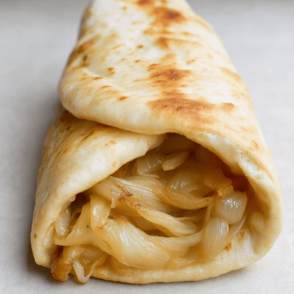 A thin, lightly browned flatbread is folded around a filling of visible soft, pale-golden onion slices, with the open ends showing the filling.