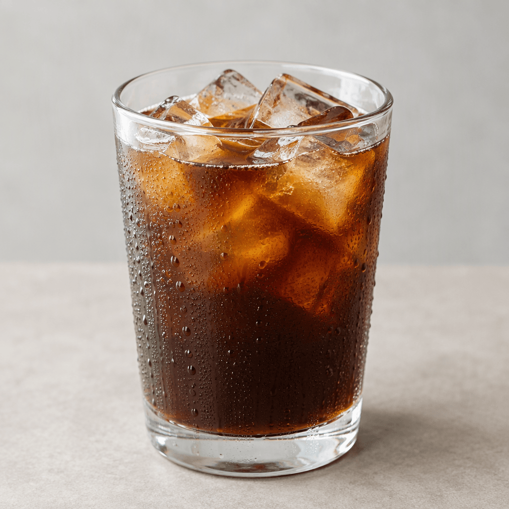 A clear glass holds a translucent dark brown coffee with several angular ice cubes floating near the top and beads of condensation on the outside.