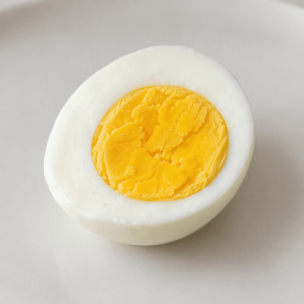 A peeled hard-boiled egg with a smooth, glossy white oval exterior and a firm golden-yellow yolk visible at the center where it is cut in half, resting on a plain plate.