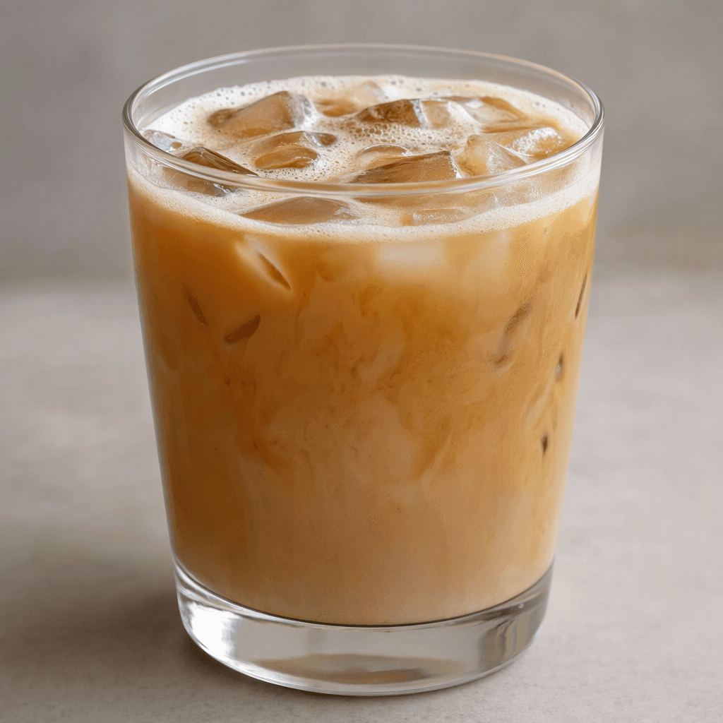 A clear glass filled with pale brown iced coffee, with visible ice cubes and a light swirl of milk, served with a faint layer of foam and a little dissolved sugar.