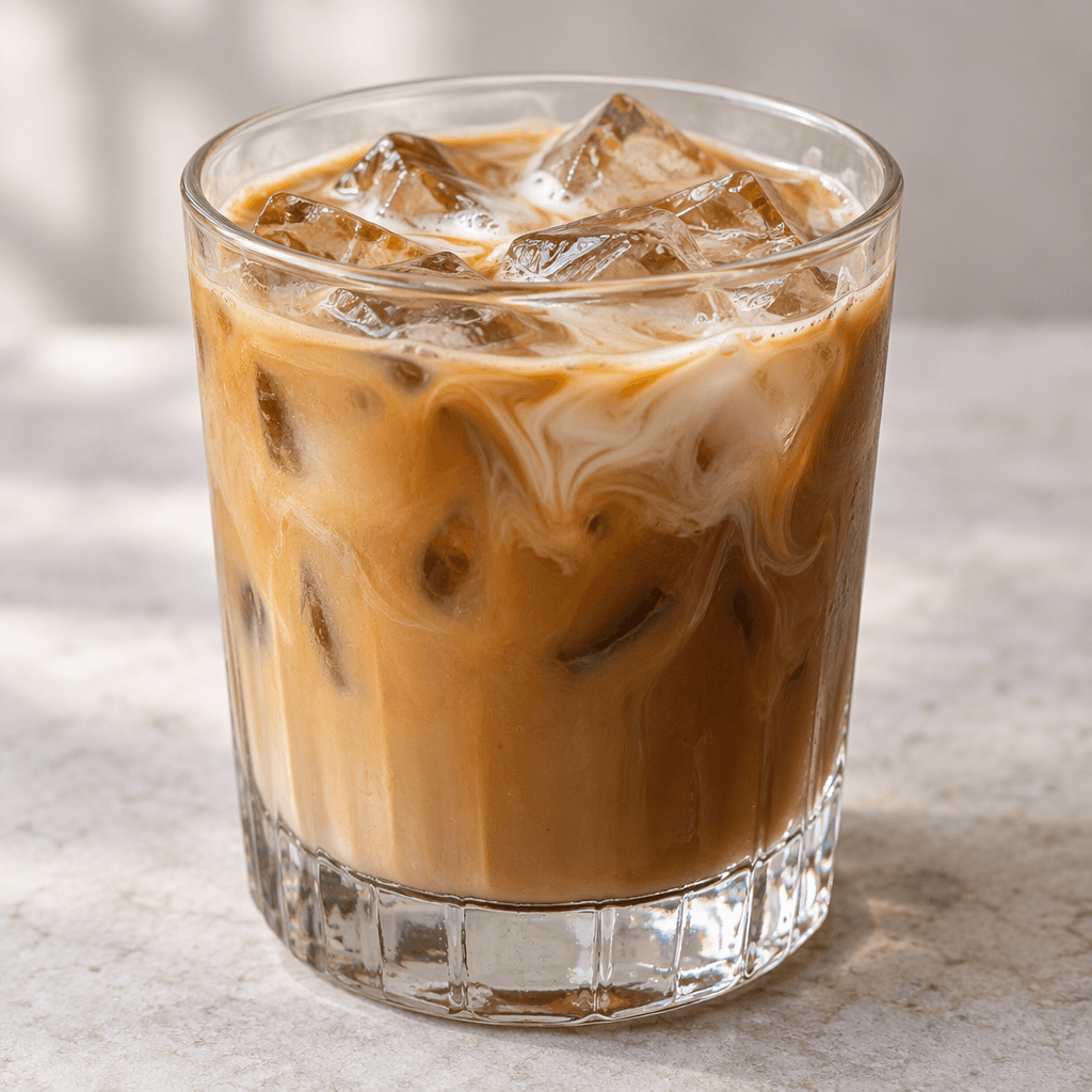 A clear glass holds light brown iced coffee with visible ice cubes and faint pale milk swirls near the surface.