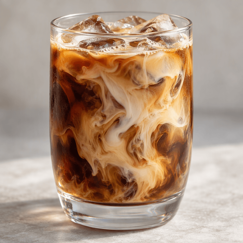 A clear glass filled with dark brown iced coffee and semi-skimmed lactose-free milk, with pale creamy swirls blending through the coffee and visible ice cubes near the surface.