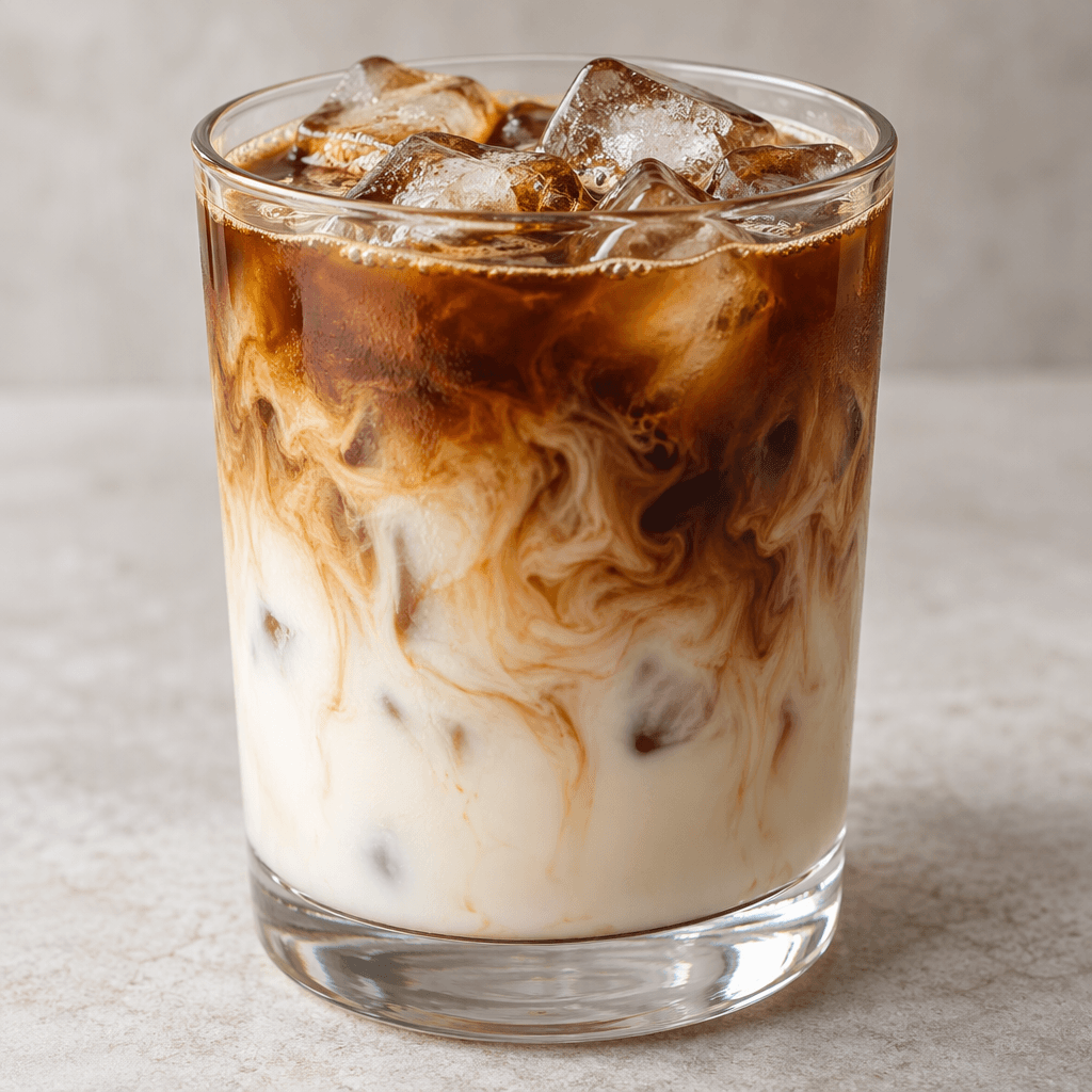 A clear glass filled with ice, pale milk, and dark coffee, with soft brown swirls where the layers meet.