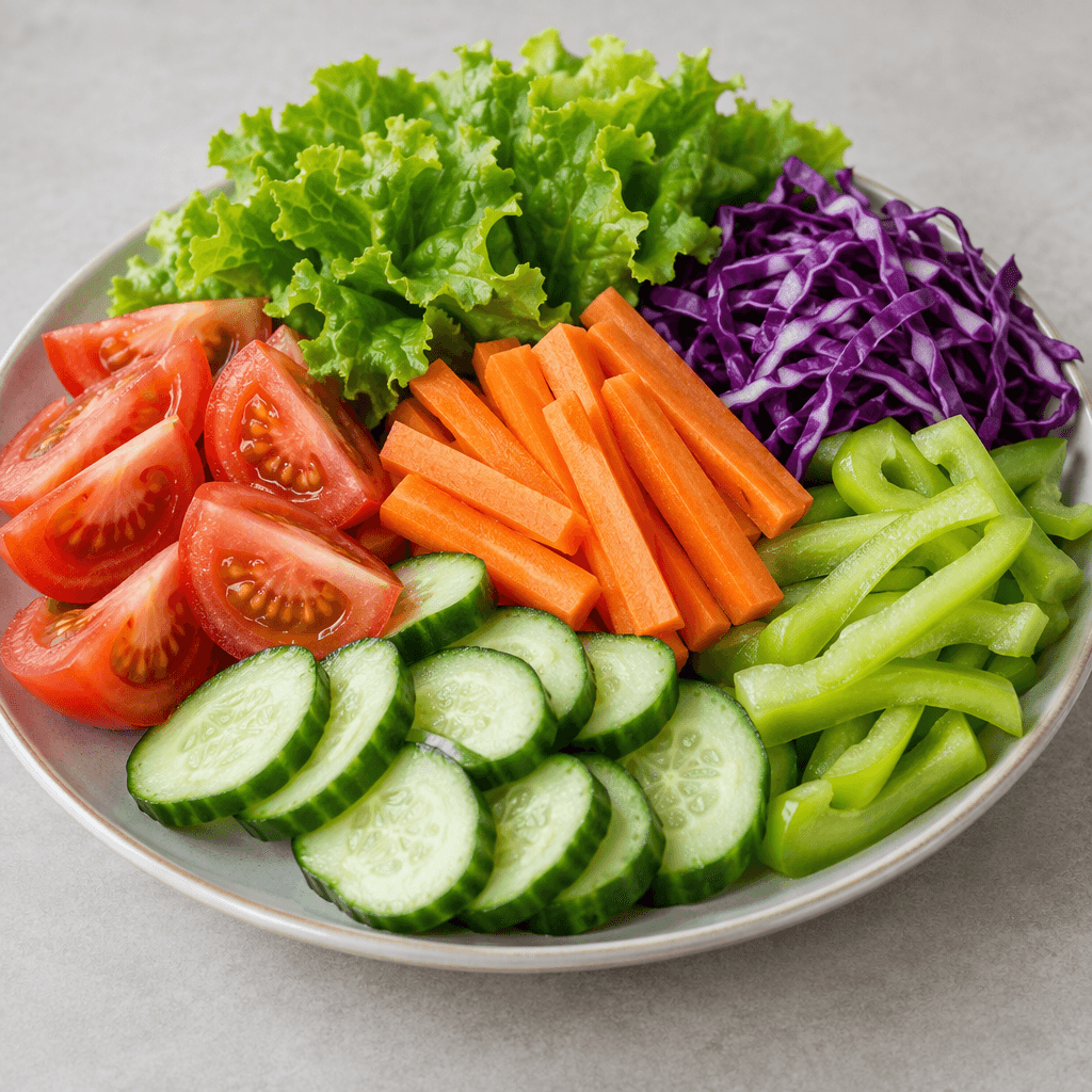 A platter holds neatly arranged raw vegetable pieces, including bright red tomato wedges, crisp green cucumber slices, orange carrot sticks, leafy lettuce, purple cabbage, and pale green pepper strips, with varied smooth, juicy, and crunchy textures.