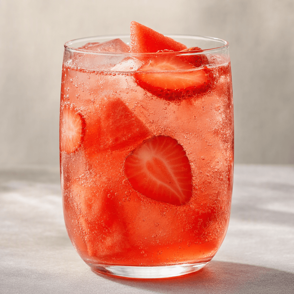 A translucent rosy-red watermelon and strawberry soda with fine bubbles rising through the liquid, served in a clear glass.