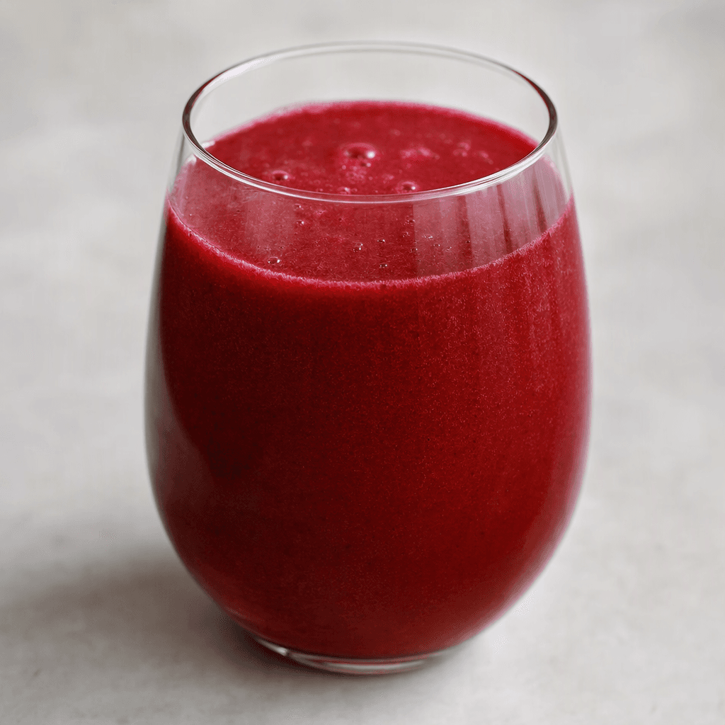 A smooth, opaque deep-red fruit drink served in a clear glass.