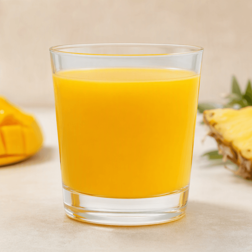 A smooth, opaque golden-yellow drink with a slight orange tint, served in a clear glass.