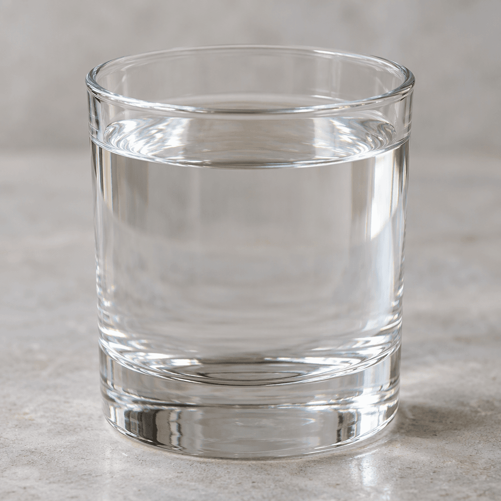 A small, straight-sided glass holds a clear, colorless liquid with a smooth, reflective surface.