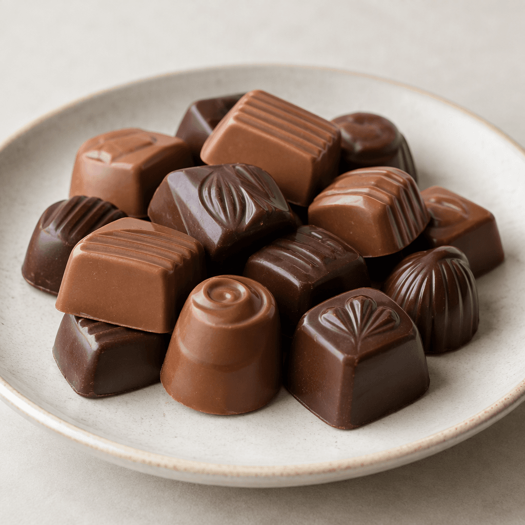 Small, bite-sized milk- and dark-brown chocolate pieces with smooth, slightly glossy surfaces are arranged together on a plate, some showing molded ridges or simple embossed details.