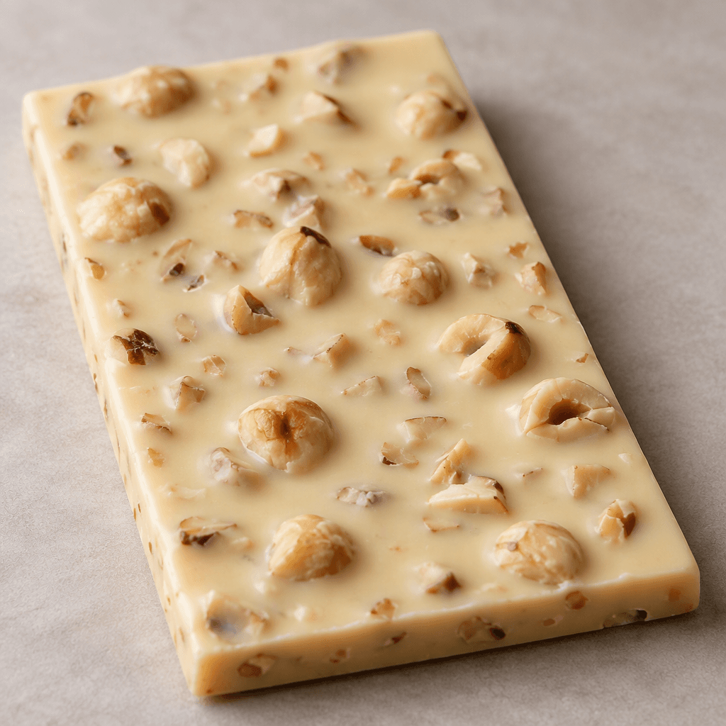 An ivory-white chocolate bar with visible hazelnut pieces embedded across its smooth surface.