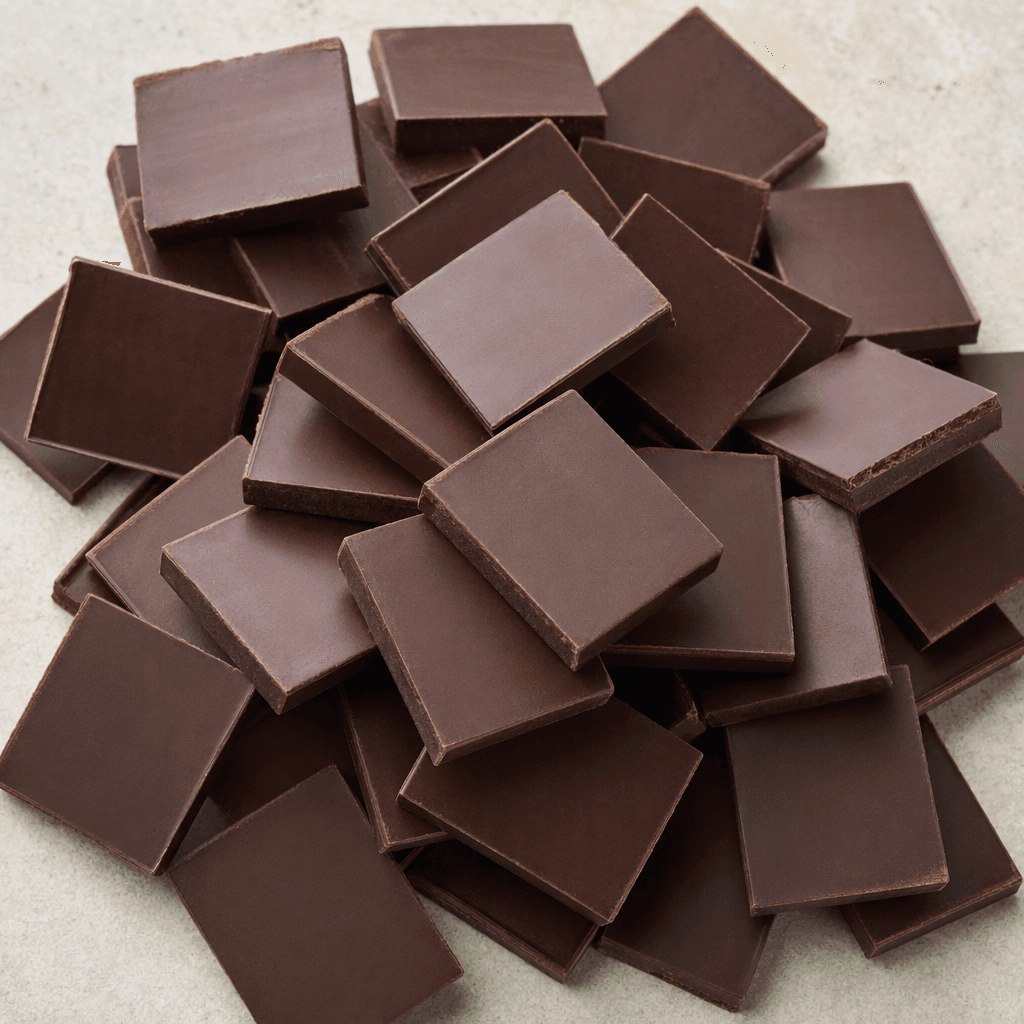 Small, flat rectangular pieces of dark brown chocolate with smooth, slightly glossy surfaces and clean, straight edges.