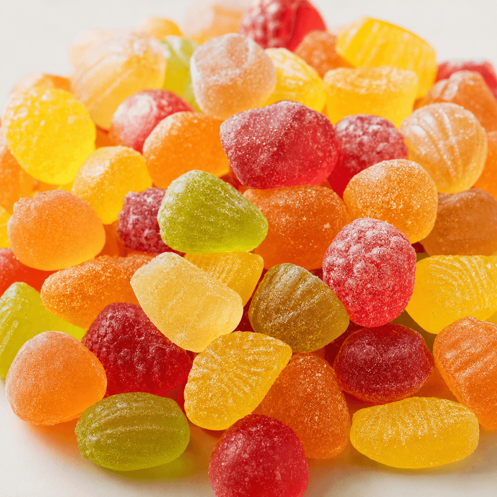 A pile of brightly coloured, translucent gummy sweets in assorted small shapes, with a glossy, slightly sugar-dusted surface.