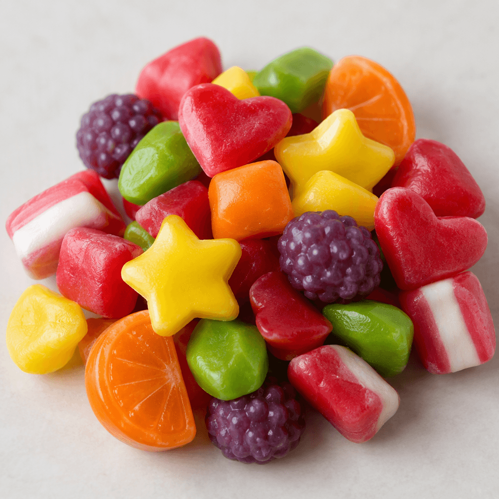 Small, brightly coloured soft candies with smooth, slightly glossy surfaces are scattered together in an assortment of shapes.