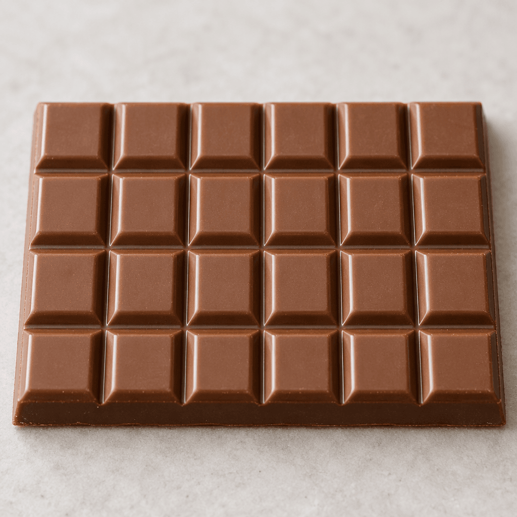 A rectangular milk-chocolate bar with a smooth brown surface, divided into raised, evenly sized segments and resting on a plain surface.