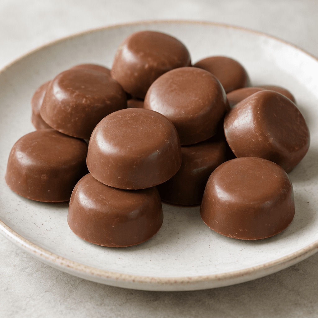 Small, smooth, brown chocolate candies with a slight sheen are arranged in a loose cluster on a plate.