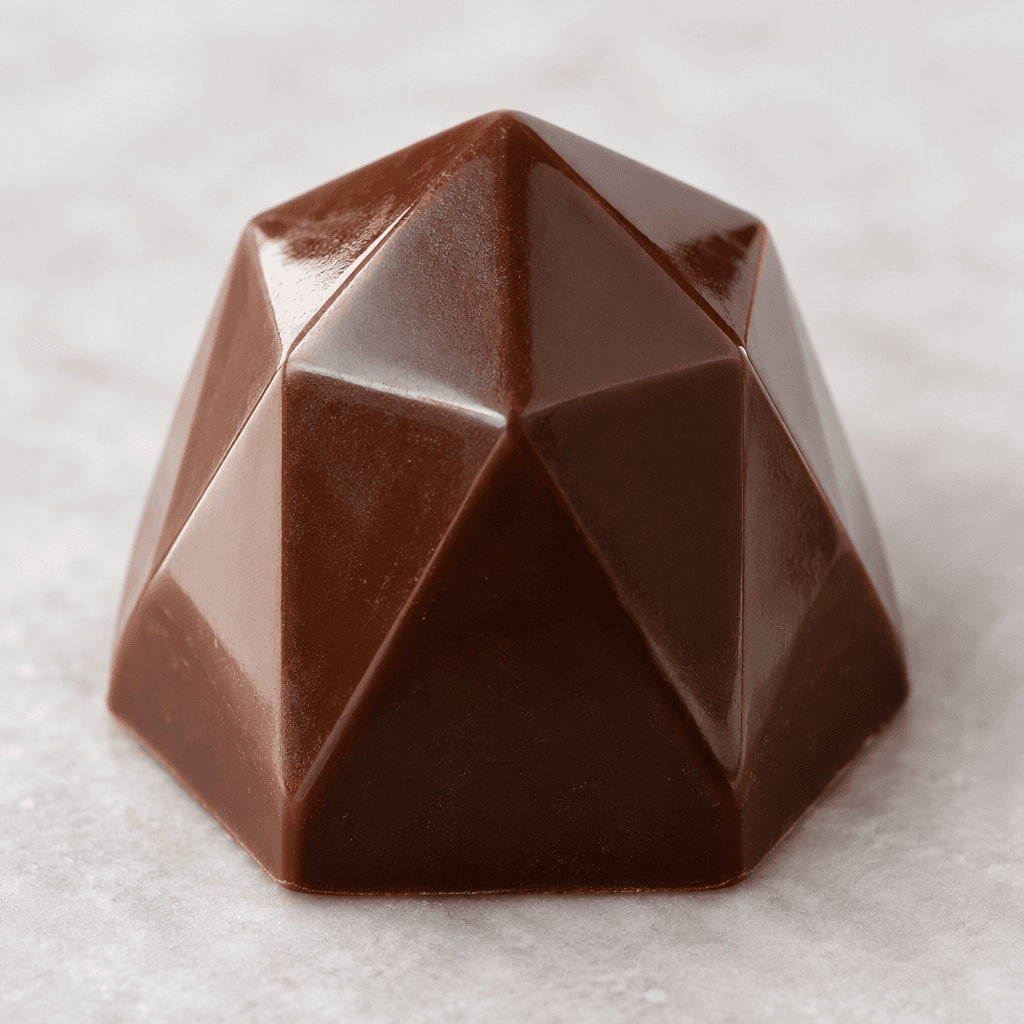 A glossy brown chocolate piece with an angular, faceted diamond shape and a smooth molded surface.