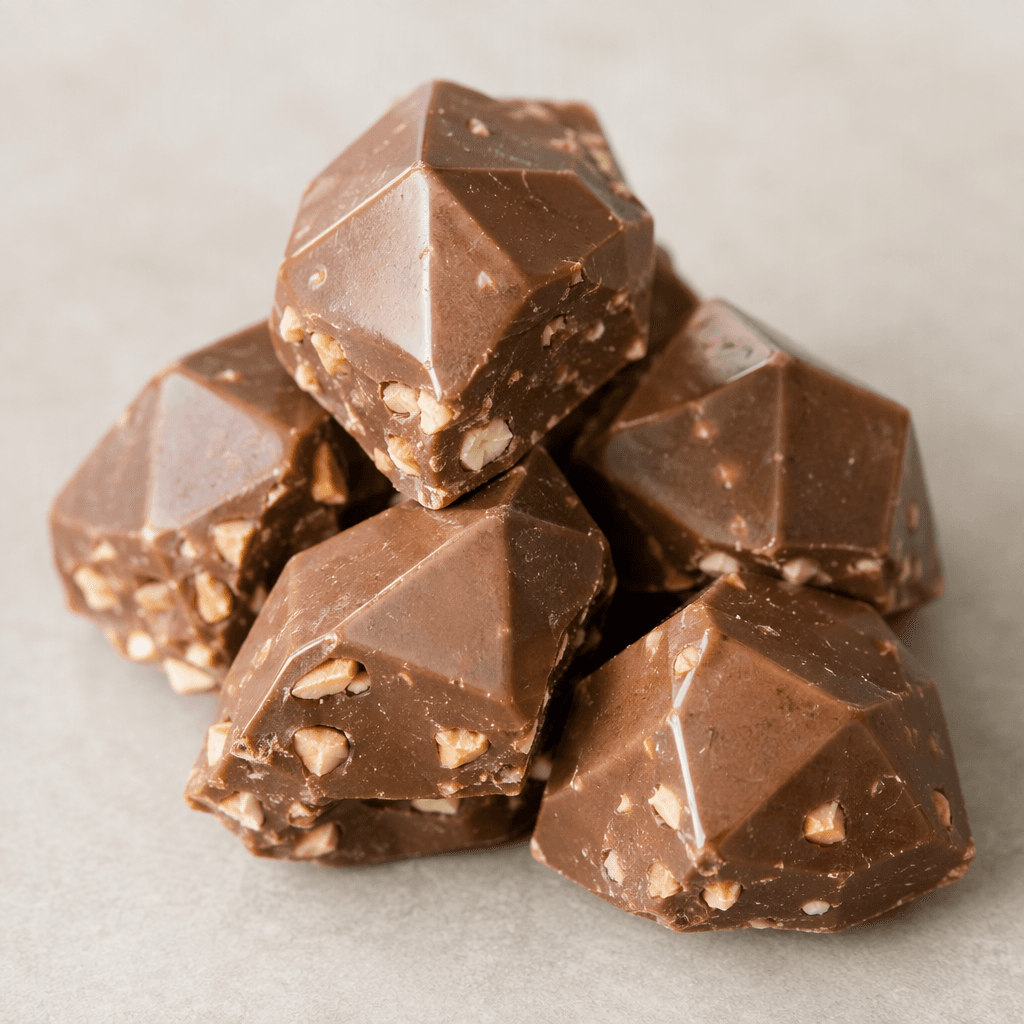 Glossy milk-chocolate pieces have a compact, angular diamond shape with faceted tops and small hazelnut pieces visible in the chocolate.