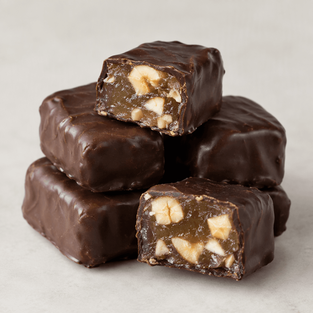 Small rectangular pieces of Turkish delight are coated in dark brown chocolate, with a soft, slightly translucent interior and pale hazelnut pieces visible where cut.