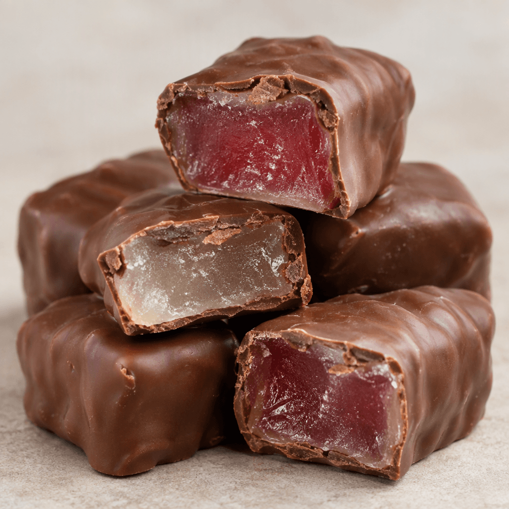Small, bite-sized rectangular pieces of lokum are coated in smooth brown chocolate, with a soft-looking, slightly translucent center visible where the coating is cut or broken.