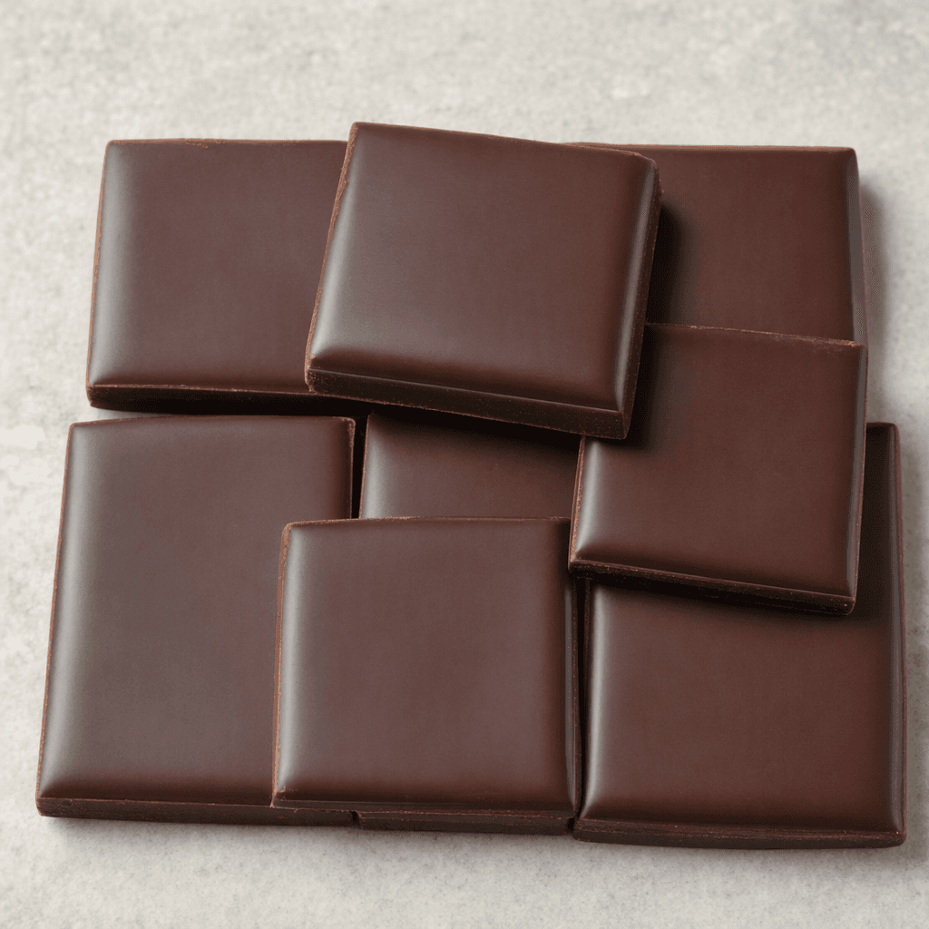 Small, flat rectangular pieces of dark brown chocolate lie side by side, with smooth surfaces and softly rounded edges.